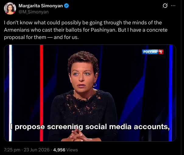 EUvsDisinfo's tweet photo. Keeping up the long-standing practice of interfering in and criticising elections in which they do not participate, Kremlin propagandists continue to lob baseless accusations at Armenia, going as far as suggesting that Armenians who voted contrary to Moscow’s wishes should be promptly identified and punished.