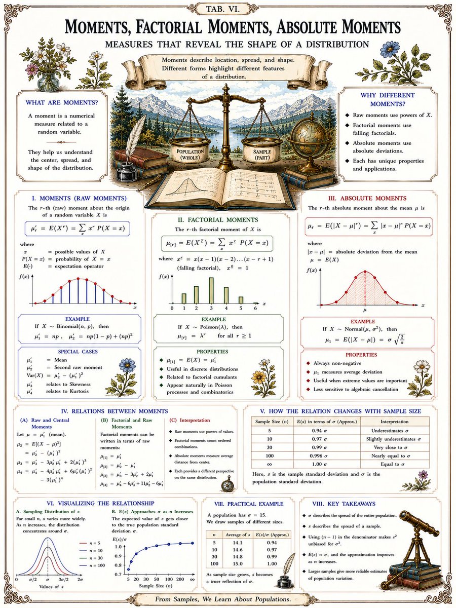 Panky_C's tweet photo. Moments, Factorial Moments, and Absolute Moments together reveal the hidden structure of a distribution.
#statistics #datascience #statisticalanalysis #dataanalytics #research #mathematics #datavisualization #analytics #quantitativeresearch https://t.co/F2s2E5a5Ei