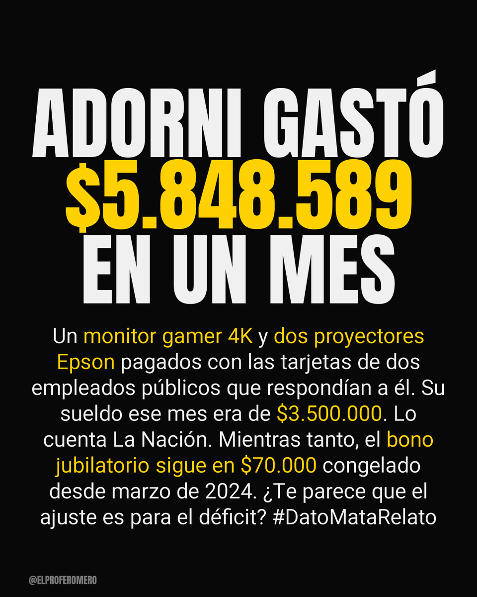 romerodiario's tweet photo. Adorni gastó $5.848.589 en UN MES.

Monitor gamer 4K + 2 proyectores Epson.
Pagados con tarjetas de dos empleados suyos.
Su sueldo ese mes: $3.500.000.

El bono jubilatorio sigue en $70.000 desde marzo 2024.

El ajuste no es para el déficit.

#DatoMataRelato https://t.co/QE2rkRQwHV