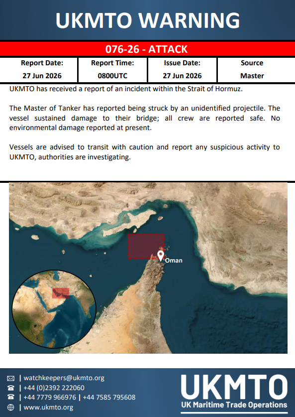 sentdefender's tweet photo. The United Kingdom Maritime Trade Operations (UKMTO) has issued an advisory to mariners following reports that a tanker transiting the Strait of Hormuz was struck by an unidentified projectile.

The projectile reportedly damaged the vessel's bridge. All crew have been accounted for, and no injuries or environmental pollution have been reported.

The incident remains under investigation.