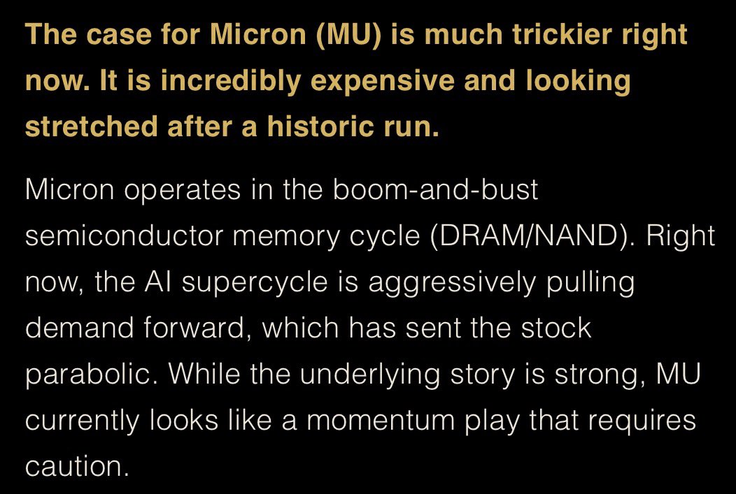 NoLimitGains's tweet photo. I built my own AI assistant that scans any stock and tells you if it is a good buy or not. Much more than that too.

I ran a test on $MU and compared it against Grok and my own AI.

Here are the results.

Grok:

Yes, MU (Micron Technology) looks like a strong buy for many growth-oriented investors right now, primarily due to explosive AI-driven demand for its memory chips, record-breaking recent results, and very attractive forward valuation — though it comes with high volatility typical of the semiconductor/memory sector.

Bottom Line: Is It a Good Buy?

For long-term AI believers: Yes — especially on dips. The combination of structural AI demand, tight supply, strong execution, and cheap forward valuation makes a compelling case. Many see this as part of a multi-year supercycle.

My AI:

The case for Micron (MU) is much trickier right now. It is expensive and looking stretched after a historic run.

Micron operates in the boom-and-bust semiconductor memory cycle (DRAM/NAND). Right now, the AI supercycle is aggressively pulling demand forward, which has sent the stock parabolic. While the underlying story is strong, MU currently looks like a momentum play that requires caution.

Valuation: Rich and Stretched

MU trades at a lofty 25.6x trailing PE and 7.6x forward PE. While that forward multiple looks cheap on its face, remember that memory is highly cyclical; when memory earnings are at their peak, the PE ratio typically looks its lowest. EV/EBITDA is currently sitting at 18.4x, and it trades at a massive 17.6x Price-to-Book (P/B). Buying a cyclical hardware stock at nearly 18x book value usually indicates the cycle is peaking, not beginning.

You're buying into a notoriously cyclical company at peak margins, near all-time highs, with insiders steadily selling. If you don't already own it, you are buying late in the cycle and need a strong stomach for a potential "reversion to the mean" drawdown. If you do own it, it might be a good time to consider locking in some gains.

Grok says buy. My AI says stay on the sidelines.

Two AIs. Same stock. Different conclusions.

The AI I built is exclusively available to members of The Assembly via The Vault.

Access is currently closed, but join the waitlist to be first in line when we reopen: https://t.co/6Iy5p4DTOe