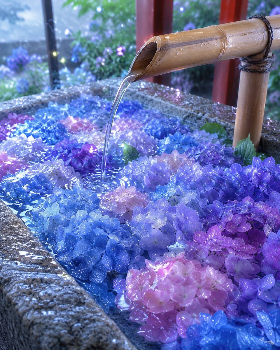 mainosoulmap's tweet photo. 雨に濡れた紫陽花は、
いつもより少しだけ透き通って見える。🪻✨

花手水に映るやさしい光と、
静かに広がる雨の波紋。

見ているだけで、
心までそっと潤うような時間でした☔💙

#AIアート #花手水 #紫陽花 #Hydrangea #雨の日 #神社 #幻想的 #デジタルアート #癒し #花のある暮らし https://t.co/A5rhtWoS7G