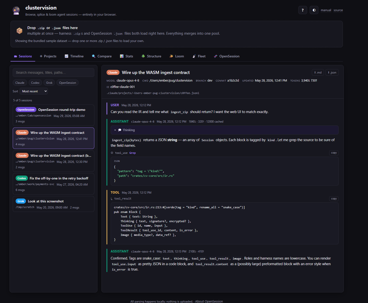 ShabbatMonster's tweet photo. I just found the easiest tech runner

@ember_arlynx, an ex-Rust (solana language) dev whos followed by Pmarca, Andy, Deepfates, ETC just open-sourced tech that LETS AGENTS READ EACHOTHERS MINDS

clustervision is a tool that allows you to find, search, convert, prune, and even resurrect every AI coding-agent session you've ever run and browse, splice & loom agent sessions, all in your browser

Ember is a crypto native that has built many ZK protocols + blockchains

im sure they would be more than willing to claim fees that will support their project

Ember also has their venmo in their twitter bio, so im sure they are in need of money for compute

https://t.co/QugBQwRLnl

https://t.co/Y6EYjvSjnB

https://t.co/jHYhQkP0y8