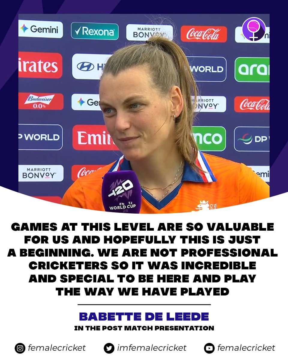 imfemalecricket's tweet photo. Babette de Leede sums up what the Women's T20 World Cup meant to the debutants Netherlands 🗣️

#CricketTwitter https://t.co/raVEwi16nk