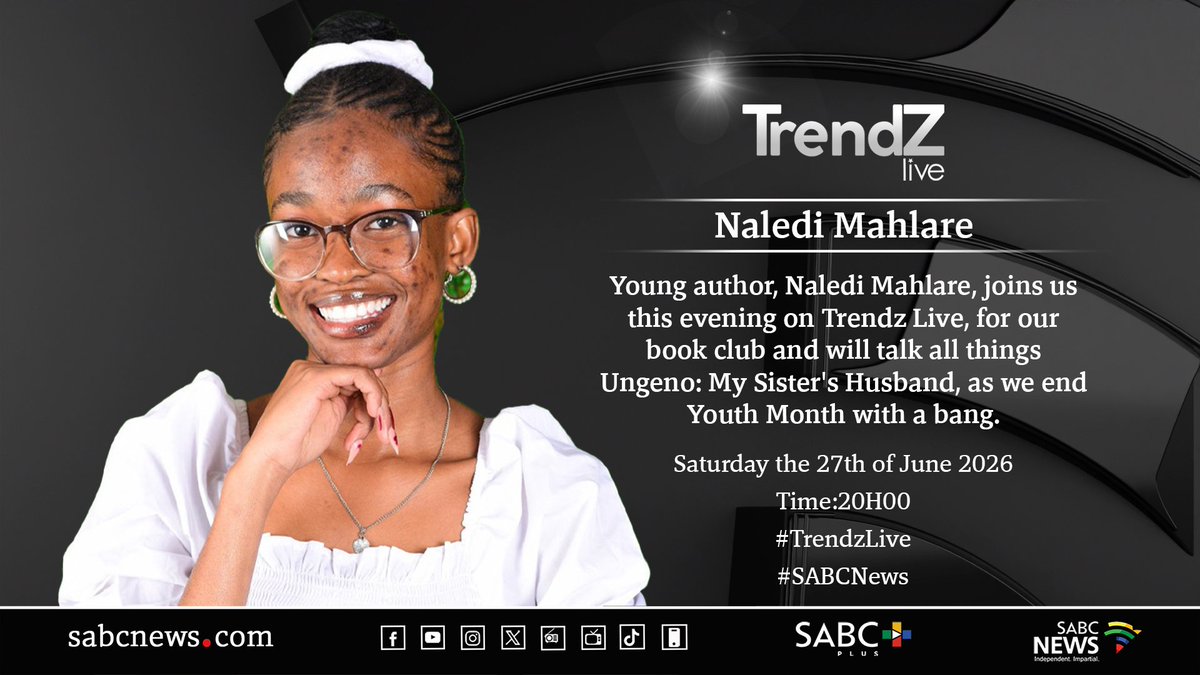 TrendzOnSABC's tweet photo. Extra, extra, hear all about Ungeno: My Sister's Husband, from the author herself. Who joins #TrendzLive this evening, for an in-depth interview about her story and so much more.
📺 Tonight | 20:00
📍 @SABCNews
#TrendzLiveBookClub https://t.co/cttMKxsg7C