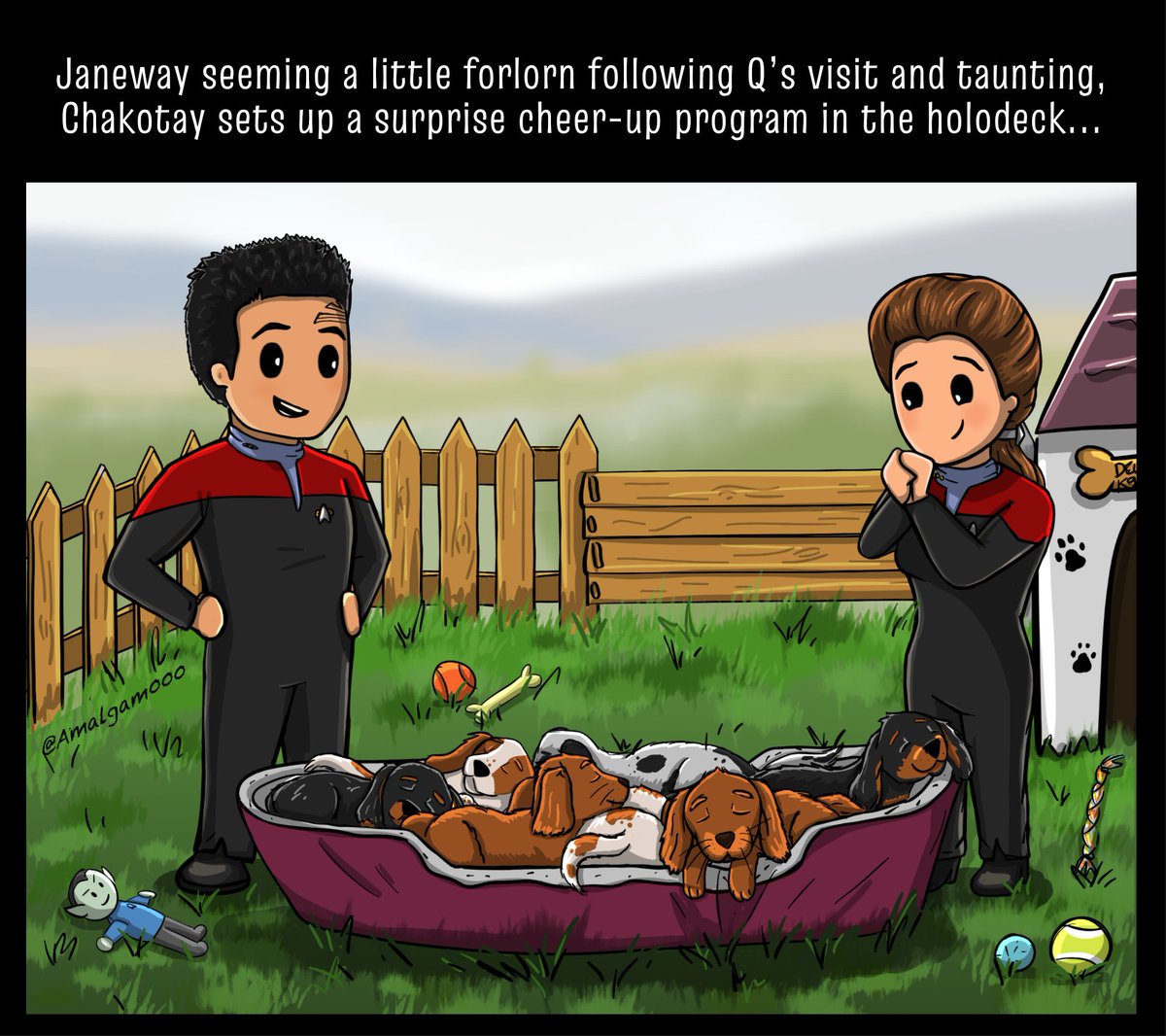 Amalgam000_JC's tweet photo. #QandtheGrey Epilogue – Cure for sore hearts🐶😊

I hope the #puppycutenessoverload brightens your day🥰
#MyHolodeckProgram #CartoonVoyager #StarTrekVoyager #JanewayxChakotay #Janeway #Chakotay #Allcast #Fanart #StarTrek #Tuvok #Kes #TomParis #HarryKim #Neelix #BElannaTorres #EMH https://t.co/LHEykGywUc