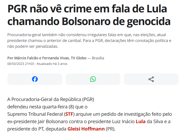 leandroruschel's tweet photo. E tem gente que insiste em negar a existência de um regime totalitário no Brasil.

Lula chama Bolsonaro de "genocida" e "canibal". 

"É do jogo político", afirma a "justiça".

Bolsonaro sugere que Lula será delatado por Maduro.

"CRIME!", afirma a mesma "justiça". https://t.co/UVyWAXWeLH