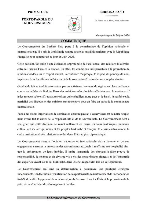 VoixPlateau's tweet photo. #AESinfo | #BurkinaFaso 🇧🇫 #France📷 📷Rupture des relations diplomatiques avec la France   Le Gouvernement du Burkina Faso porte à la connaissance de l'opinion nationale et internationale qu'il a pris la décision de rompre ses relations diplomatiques avec la République Française https://t.co/cqt8nJ3PgL