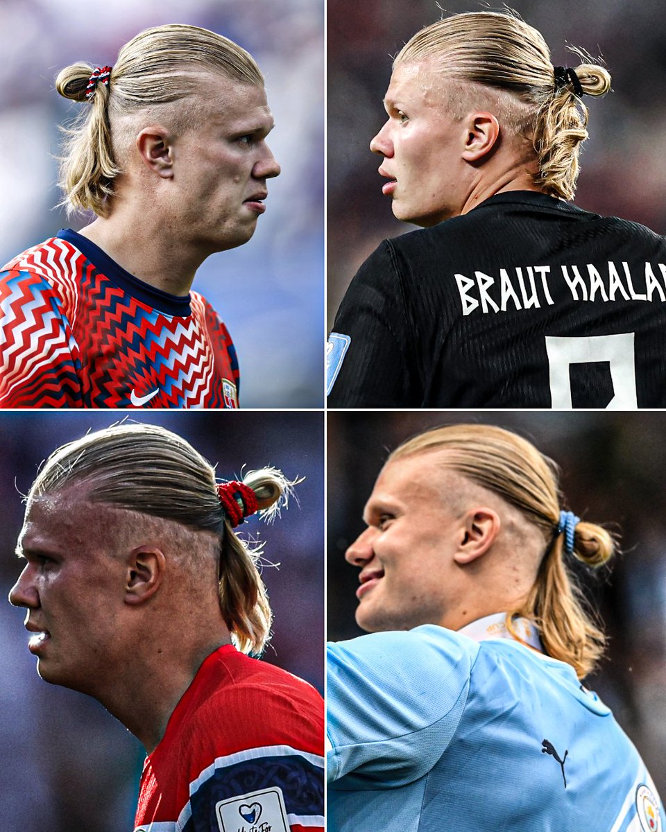 ESPNUK's tweet photo. Erling Haaland matches his hair tie to the colour of the kit he's wearing 💈 https://t.co/boeF63EwIN