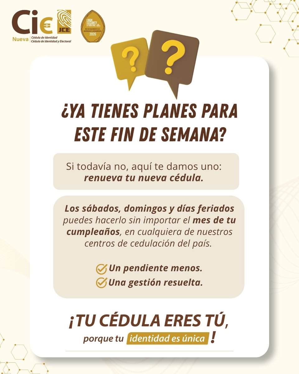 juntacentral's tweet photo. Entre la salida, el chin de descanso y compartir con los tuyos... incluye renovar tu #NuevaCédulaRD.

Recuerda que los sábados, domingos y días feriados puedes hacerlo sin importar el mes de tu cumpleaños.

¡Aprovecha y sal de ese pendiente!😎

¡Tu cédula eres tú, porque tu identidad es única!