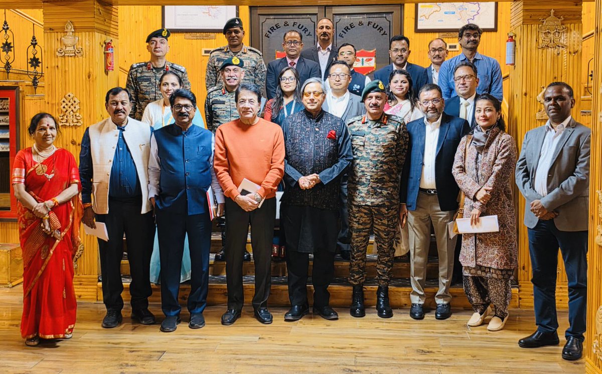 ShashiTharoor's tweet photo. Our trip concluded with a final briefing by the evocatively-named Fire and Fury Corps, commissioned after the Kargil War, and a meeting with the Lt-Governor of Ladakh, Shri VK Saxena, who has set about dramatically improving water security and afforestation in the Union Territory.