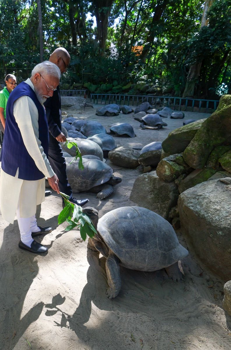 PMOIndia's tweet photo. PM @narendramodi visited the Giant Tortoise Enclosure at the Seychelles National Botanical Garden with President Dr. Patrick Herminie. https://t.co/UnHB0fUnzI