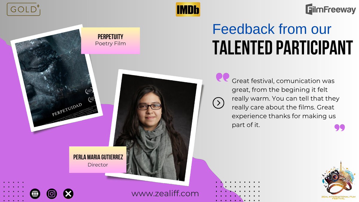 zealfestival's tweet photo. We extend our heartfelt thanks to the director, Perla Maria Gutierrez, for participating in our festival, and we are thrilled that she had a positive experience.
We eagerly welcome exceptional projects from filmmakers and creators worldwide. Join us!
#ZIFF #Perpetuity #poetry https://t.co/CwLkEr6CZK