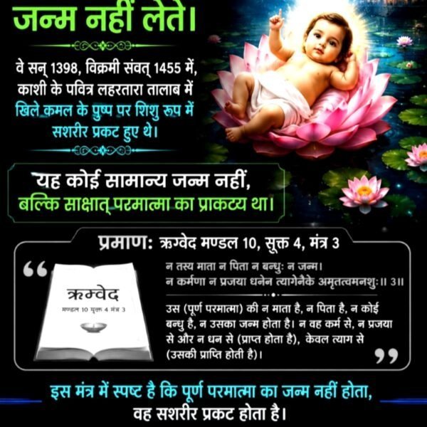 Balmakund5's tweet photo. #न_जन्म_हुआ_न_मरा_कबीरा
 कबीर साहेब माता के गर्भ से जन्म नहीं लेते। वे सन् 1398, विक्रमी संवत् 1455 में, काशी के पवित्र लहरतारा तालाब में खिले कमल के पुष्प पर शिशु रूप में सशरीर प्रकट हुए थे। यह कोई सामान्य जन्म नहीं, बल्कि साक्षात् परमात्मा का प्राकट्य था।
 Kabir Prakat Diwas https://t.co/ERcbOHEFNh