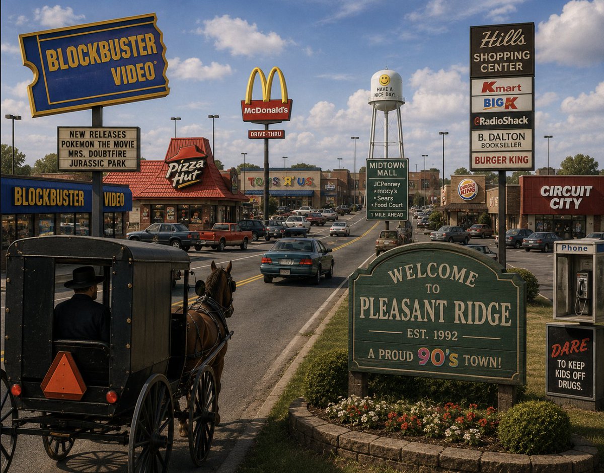 MensHumor's tweet photo. HEAR ME OUT: 

We make new "Amish" towns, but instead of 18th century stuff, it's just the 90's forever. 

We'll have Blockbuster and Pizza Hut, and no social media (but you can use AOL instant messenger). https://t.co/eVa3COM5lu