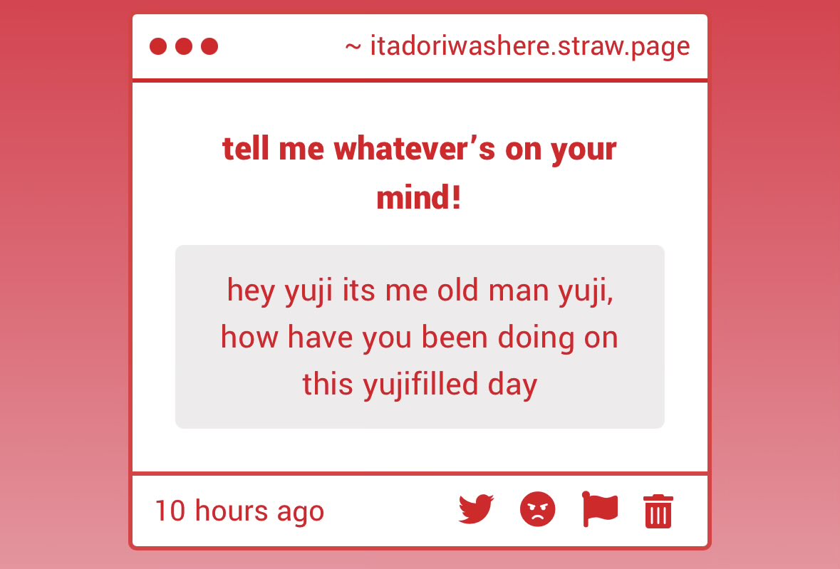 itadoriwashere's tweet photo. hi old man yuji :3 i’ve been doing well! chillin like a villain 😎 HOW ARE YOU? https://t.co/3fadFlFlC4