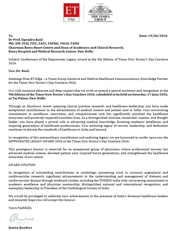 CliceboSolution's tweet photo. Proud to share that Dr. Upendra Kaul has been conferred the Hippocrates Legacy Award 2026 at the Times Now Doctor's Day Conclave, in recognition of his outstanding contributions to cardiology, cardiovascular research, and patient care.

#Cardiology #ClinicalResearch #DoctorsDay https://t.co/STAbQPbCSg