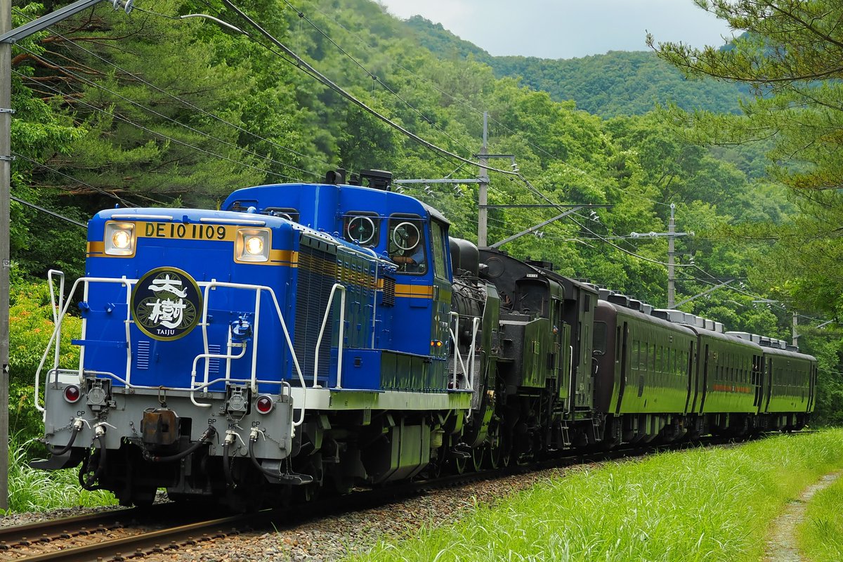 GggPote's tweet photo. 2026/6/27 
SL大樹『土津』 
DE10 1109+C11 325+ヨ8634+12系・14系客車3両 
C11 325+ヨ8634+12系・14系客車3両+DE10 1109

本番は下見したうち、最も撮りたかった2カ所から無事撮影できました。
…やっぱり大きなネタとなると変な人、ちらほらいるね💦
#SL土津
#SL大樹 https://t.co/u6Dqu5fTFg
