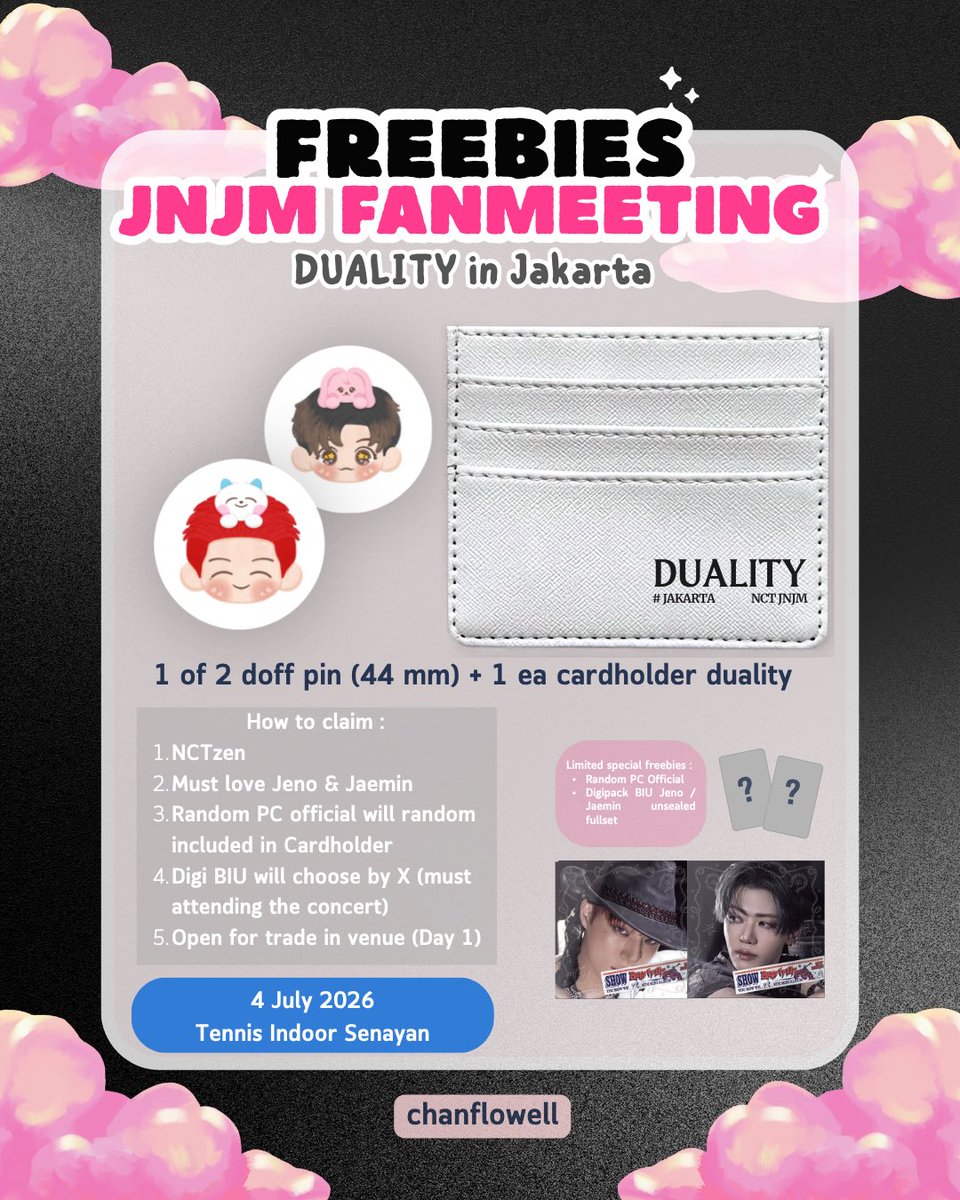 chanflowell's tweet photo. 🌟 Freebies NCT JNJM DUALITY in Jakarta by @chanflowell 🌟

📆 4 July 2026
📍 Tennis Indoor Senayan

See the picture for the claims ❤️
Limited qty!

See you 🥰
#NCTJNJM_DUALITY_JAKARTA https://t.co/L83D4rBwzF