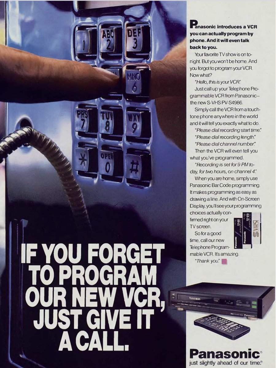 cosmicjester's tweet photo. Was looking through scans of old magazine and very interesting snapshots into forgotten tech. I never knew there was VCRs that had some kind of telephone connection. Interesting tech (magazine ad is from 1990) https://t.co/k5x7UjoMxv