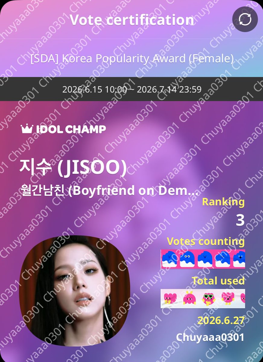 chuyaaa0301's tweet photo. @JSVOTINGTEAM @NEWSJISOO @ForeverKimJisoo @CHINAJISOOBAR @KIMJISOOINDIA @sooyaaph @jisooschart @archivejisoo Done https://t.co/4iwIYHh3fO