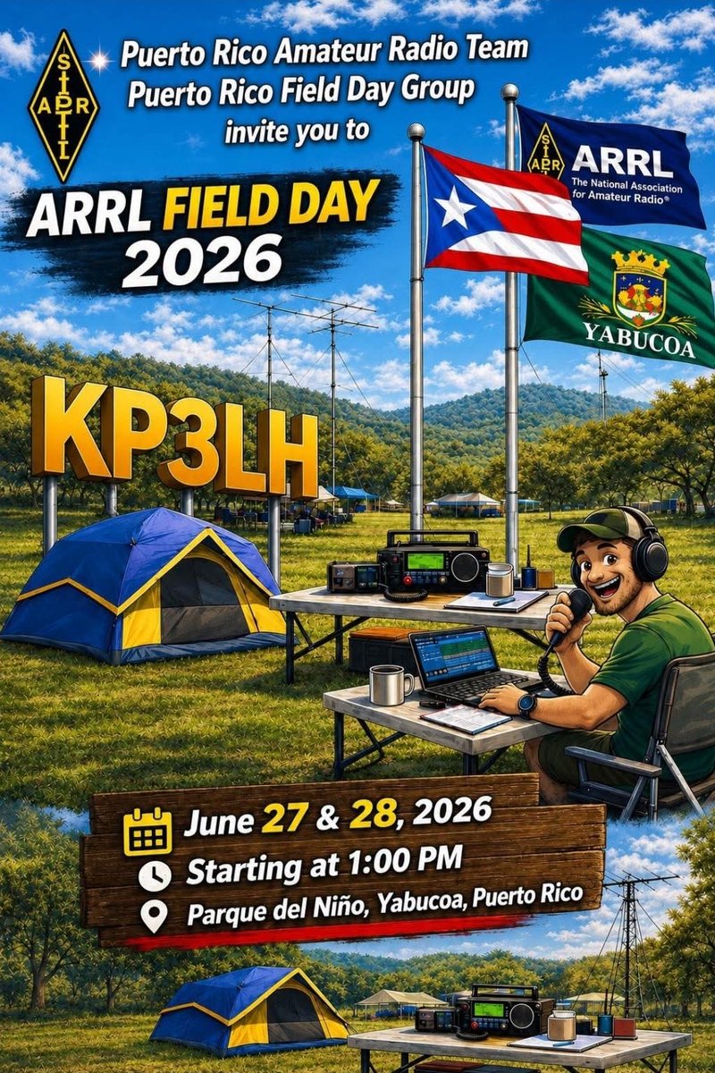 WP3GW's tweet photo. Today! ARRL Field Day 2026 here in Parque del Niño in Yabucoa, Puerto Rico: where Hurricane María entered 2017. Come and see us.

¡Hoy! Día de Campo del ARRL 2026 en el Parque del Niño en Yabucoa, PR: por dónde entró María en 2017.
Ven a vernos.

#ARRLFD #AMATEURRADIO #KP4 https://t.co/oPENoj03BN