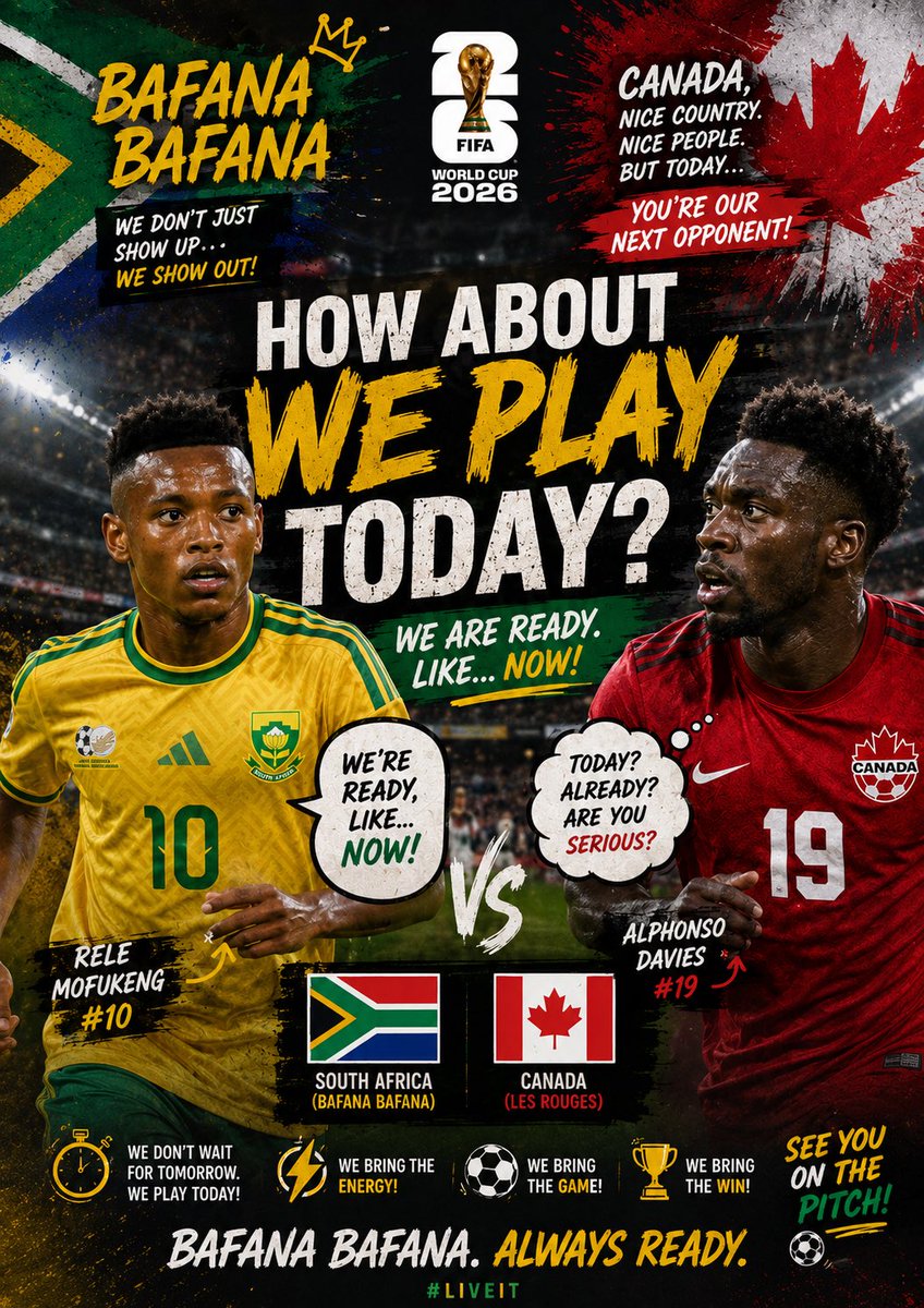 kabaneAbe's tweet photo. 🇿🇦   Dear @CANMNT_Official … 👀

How about we play today? 😅⚽

Bafana Bafana is ready. Right now.

#BafanaBafana #FIFAWorldCup2026 #BringItOn 🇿🇦🔥 @FIFAWorldCup @BafanaBafana https://t.co/a7EJKbgoZK