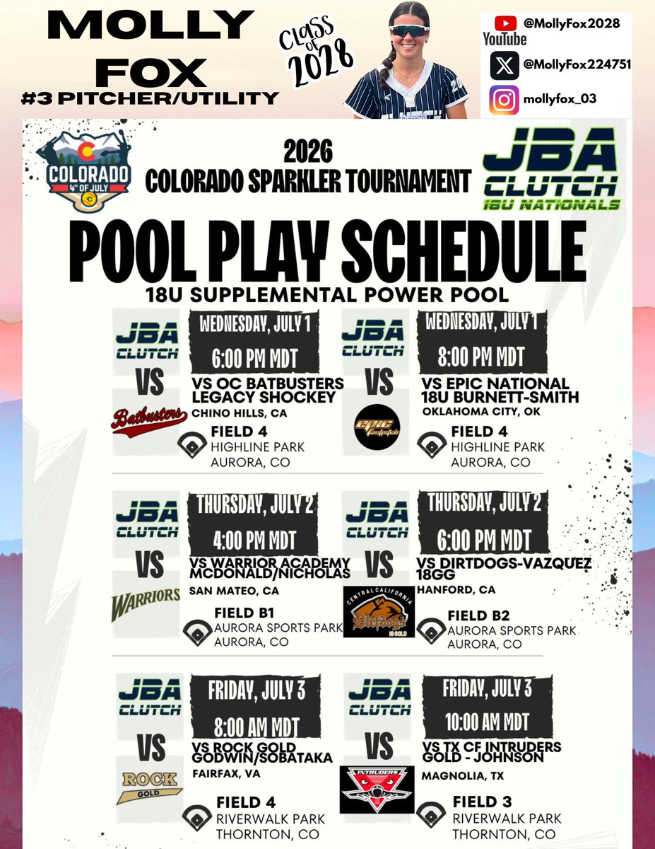 MollyFox224751's tweet photo. So grateful to be heading back out to the Colorado Sparkler this year and competing in the 18U Supplemental Power Pool!! Below is our schedule!! Come check us out!! #beclutch https://t.co/luFgDoSROu