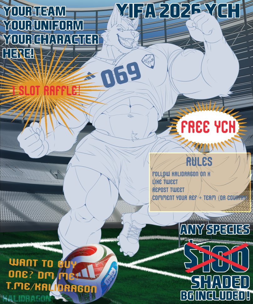 KaliDragonX's tweet photo. Yifa 2026 Raffle!⚽
Heya! I am in the spirit of the games and want to make a gift for the community! 
Please follow the rules here!  
If you want one you can also DM me for a paid slot! 
I will be pulling the victor a week before the final match, to have it done by June 19th! 👀 https://t.co/Q3sbL1gZXE
