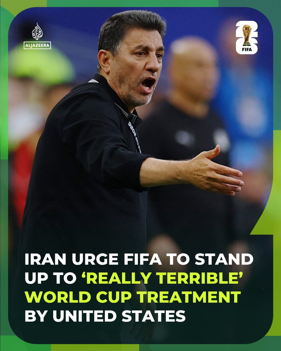 AJE_Sport's tweet photo. Iran have urged FIFA President Gianni Infantino to act after describing their treatment by World Cup co-hosts the US as “really terrible” following a 1-1 draw with Egypt that left their knockout hopes hanging in the balance.

🔗: https://t.co/w8rTSXk4pZ https://t.co/LoZaabiZkM