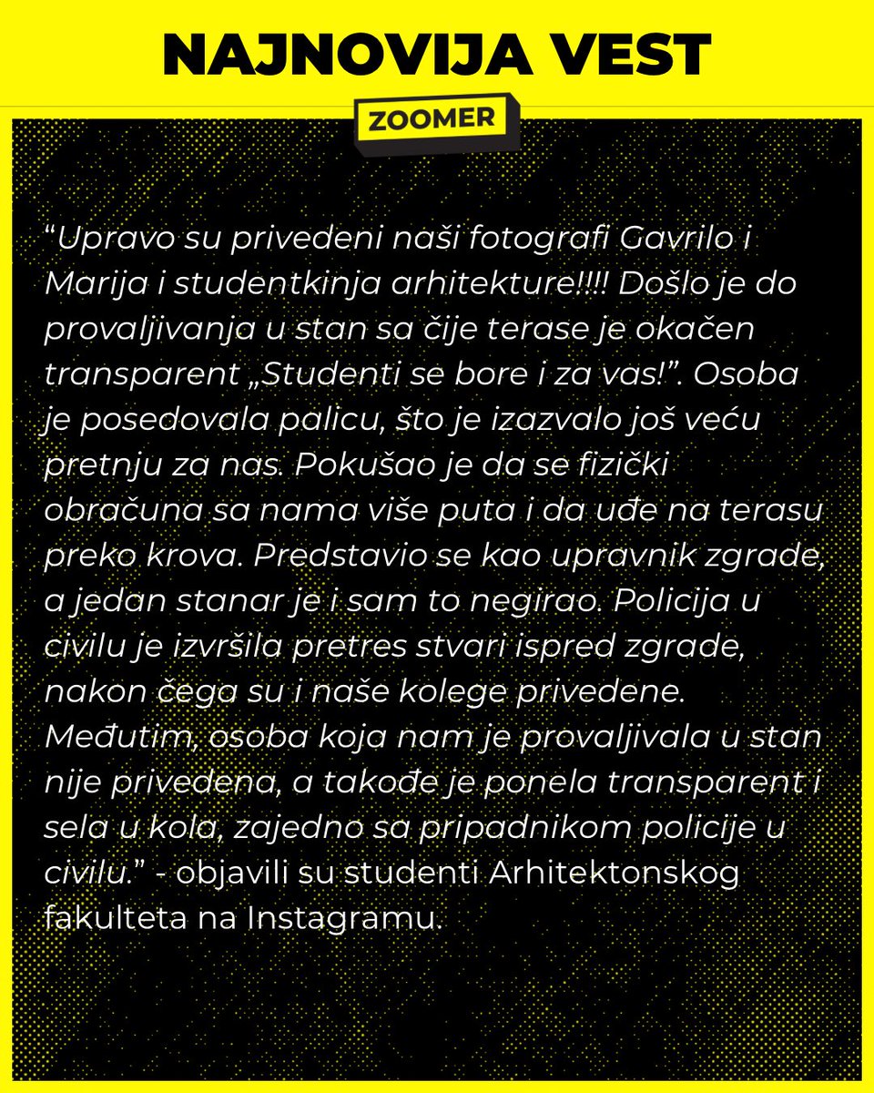 zoomer_rs's tweet photo. NAJNOVIJA VEST ‼️
Priveden fotograf Gavrilo Andrić https://t.co/ll3x4g7jzr