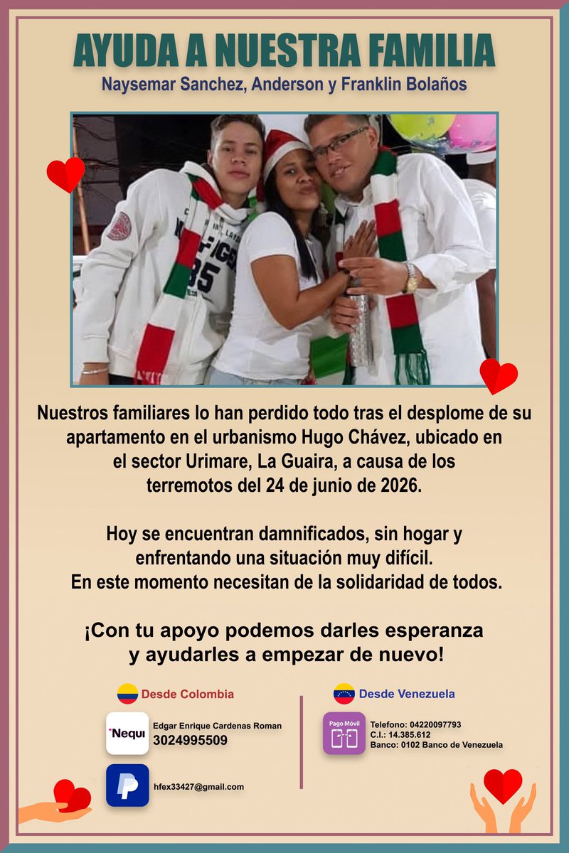 LauraXStyles1DX's tweet photo. Mi mejor amigo perdió a su prima en el terremoto de Venezuela y su familia se quedó sin casa. Como toda su familia está en Bogotá, no pueden ayudarlos directamente.

Si alguien puede colaborar, aunque sea con un pequeño aporte, se lo agradeceríamos de todo corazón. https://t.co/RdvJHSKlwo