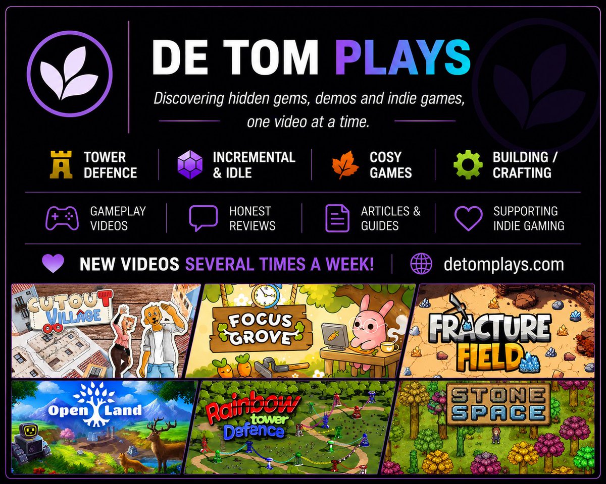 DeTomPlays's tweet photo. 💜 Welcome to De Tom Plays!

If you enjoy discovering hidden indie gems, honest reviews and relaxing gameplay, you're in the right place.

De Tom Plays is all about shining a spotlight on games that deserve more attention. Whether it's a cosy adventure, a clever tower defence game, an addictive incremental or idle game, or a creative building and crafting experience, every game featured here is one I've genuinely enjoyed spending time with.

🎮 Gameplay videos
💜 Honest reviews
📖 Articles and guides
🌿 Supporting indie developers

I believe great games don't always have the biggest marketing budgets, and some of the most memorable experiences are the ones you've never heard of before.

🌐 https://t.co/WlZLWr7l1f
