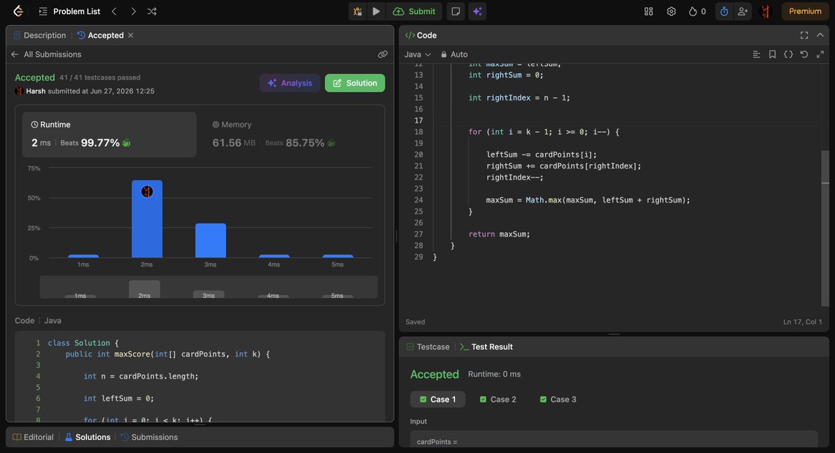 Harshcodess's tweet photo. Day 12 of #100DaysOfCode 
Final year. Placement season. No days off 🔥

→ LC 1423 – Max Points from Cards (@striver_79 )
→ LC 1358 – Substrings w/ All 3 Chars
→ DBMS – @lovebabbar3  Lec 1 done
→ Aptitude  + new dev project

#100DaysOfCode #DSA  #DBMS #Placement #LearnInPublic https://t.co/DDx52aZ5WT