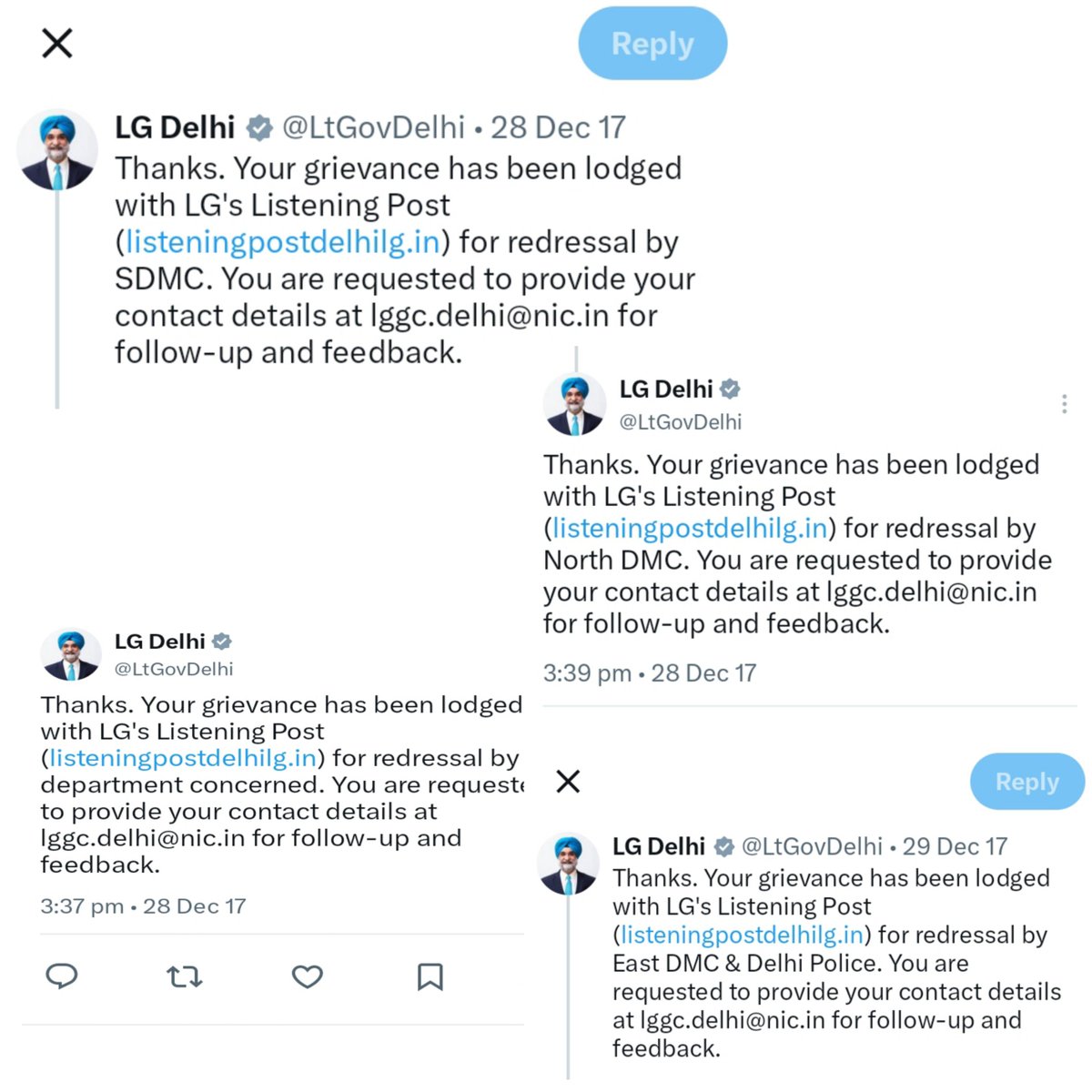 DelhiComplaint's tweet photo. Dear @LtGovDelhi,

🔸Publicity should never take priority over public grievances.

A government earns public trust not through promotional posts and reels, but by listening to citizens and responding to their grievances.

On 28 December 2017, the @LtGovDelhi X (formerly Twitter) Team launched a public complaint acknowledgement and registration system, ensuring that citizens' grievances were publicly acknowledged and forwarded to the concerned departments. This initiative strengthened transparency, accountability, and responsiveness, serving as an important bridge between citizens and the administration for 8 years, 2 months, and 27 days.

Unfortunately, this citizen-friendly system appears to have stopped since 24 March 2026.

The @LtGovDelhi X Team remains highly active in sharing promotional posts and reels about official engagements, yet appears to have no time to acknowledge or register even a few genuine public complaints on a daily or weekly basis.

Kindly restore the public complaint acknowledgement and registration system on X and reaffirm your commitment to transparency, accountability, and responsiveness.

🫶 Good governance is measured not by the number of promotional posts, but by how sincerely citizens' grievances are acknowledged and addressed. 🇮🇳
#WeDelhiitesAreTogether🤝  
✅#RaiseVoice #ForABetterDelhi
@rashtrapatibhvn @PMOIndia @narendramodi @gupta_rekha @lg_ladakh @HMOIndia @SandhuTaranjitS