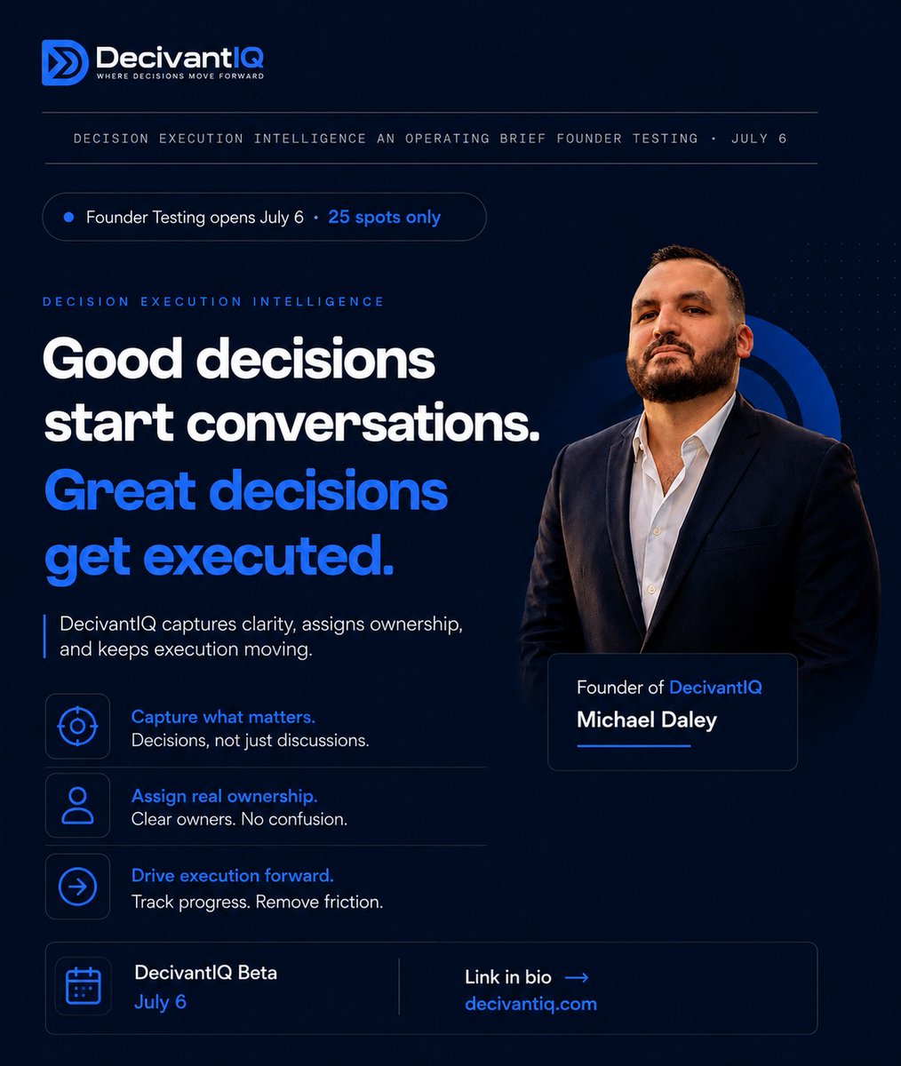 DecivantIQ's tweet photo. Great Decisions Mean Nothing Without Great Execution. 
Ideas start conversations, but execution delivers results. Capture every decision, assign ownership, and keep your team moving forward with confidence.
#BusinessLeadership #DecisionIntelligence #ExecutionExcellence https://t.co/vynpGDLk7N
