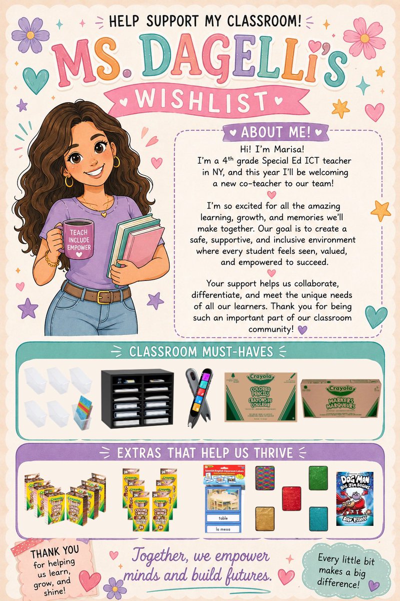 MsDTeaches2035's tweet photo. 🍎✨ I’m Marisa a 4th Grade Special Education ICT teacher in NY, passionate about creating a classroom where every child feels seen, supported, and celebrated. 💜

As I prepare for another school year (& another new co-teacher!), I’m working to make our classroom the best it can be. If you’d like to support our students, my classroom wishlist is linked below. Every item—big or small—helps make a difference.

Thank you for cheering on teachers and believing in our kids! 🍎📚✨
https://t.co/TyqdqkXe7b

#ClearTheList #TeacherWishlist #SpecialEducation #4thGradeTeacher #Teachersof𝕏 #AmazonWishList