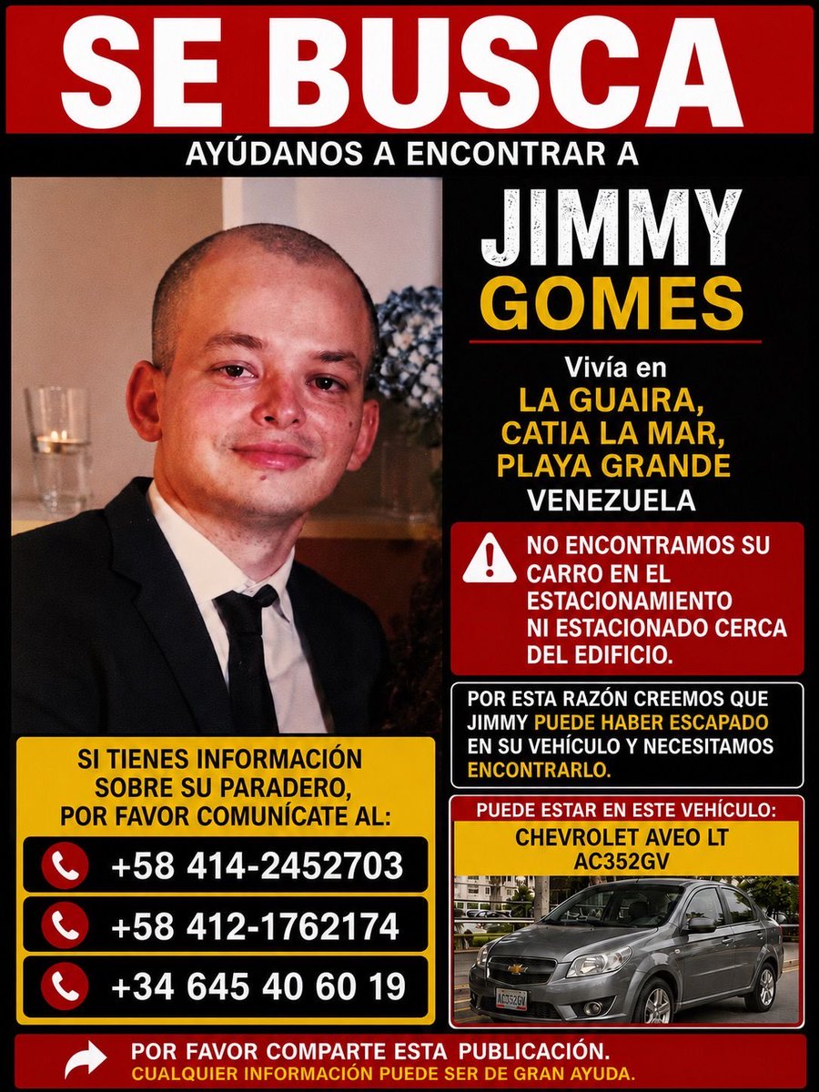 kir_damageinc's tweet photo. ¡Hola, @Gbastidas ! Nuestro amigo Jimmy Gomes lleva ya 48h desaparecido en Caraballeda, La Guaira. Su auto Chevrolet Aveo LT (Placa AC352GV) no fue encontrado en el edificio, ni los alrededores. ¿Podrías ayudarnos a compartir? https://t.co/FUpx5aUbJO