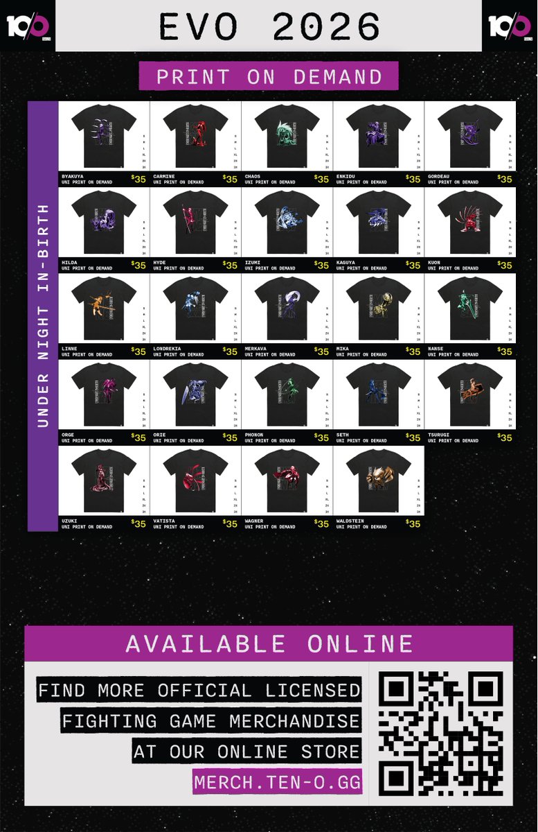 tenomedia's tweet photo. We said we were going BIG for #Evo2026, and this is one of the things we were talking about!

Rep your main in TEKKEN 8, UNI2, or GGST with officially licensed print-on-demand shirts. If your main is in the game, it's on our shirt, and available here: https://t.co/xdH9MOddmm https://t.co/c1wufj2LFr