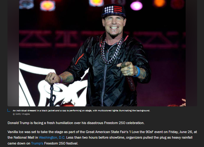 enthusmiasma's tweet photo. Anything less
than the best
is a felony.
Vanilla Ice cancels for "weather" at Turmp's dud fair.
#arnews #arpx #maga #failsons https://t.co/ryoAulHzLm