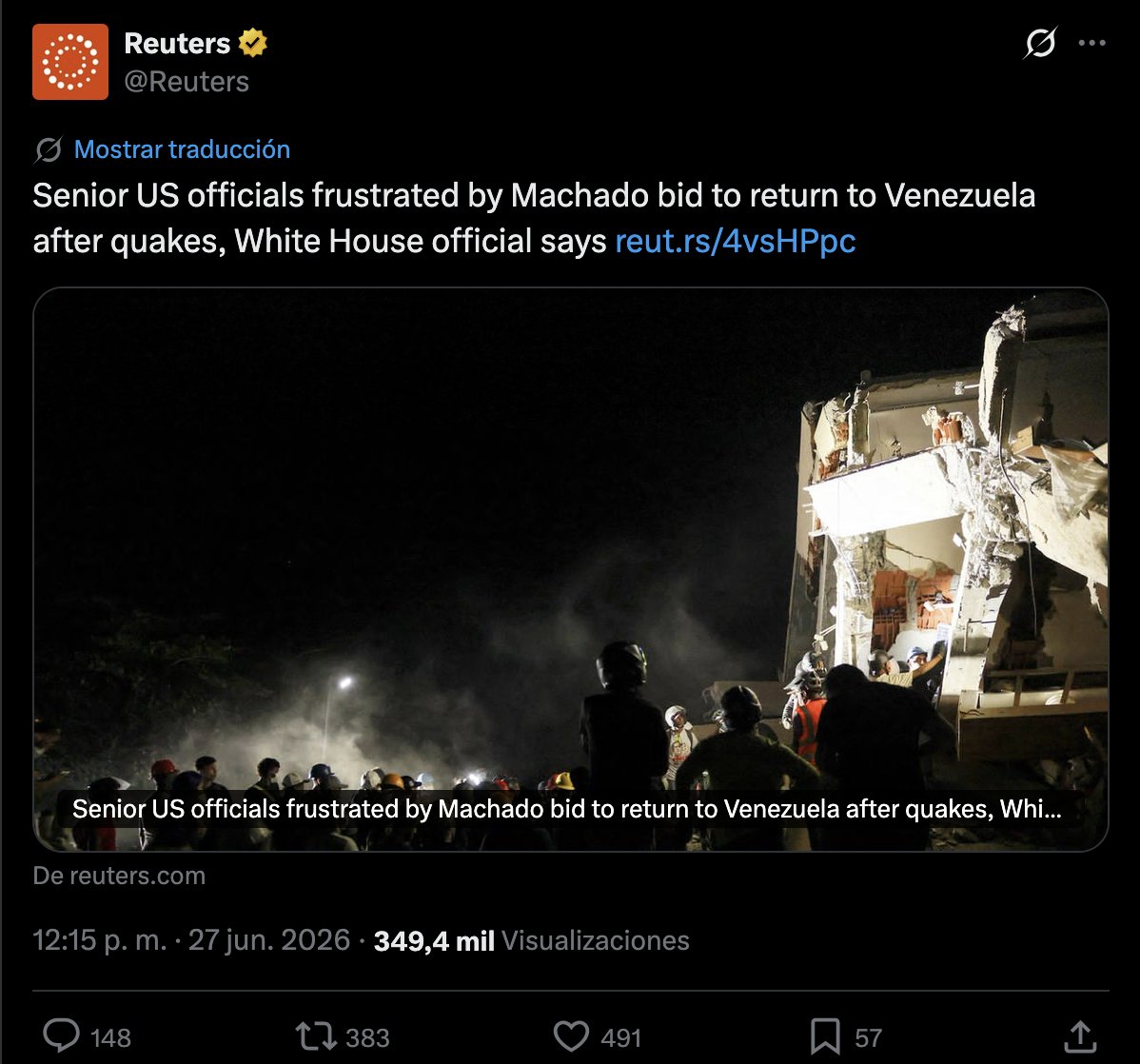 AAAD25's tweet photo. Lo reporta Reuters, a menos de 24 horas de este tuit: ni siquiera en este momento tan difícil, Washington considera prudente que MCM vuelva. Se le delegó a otro país la fuerza para impulsar el cambio en Venezuela. Eso tiene consecuencias que a los venezolanos pueden no gustar. https://t.co/BhiVm7zebF