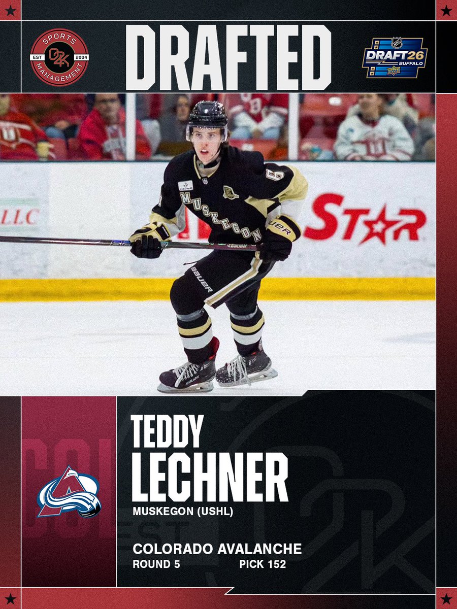 o2ksports's tweet photo. Going mile high! Congratulations to O2K client Teddy Lechner on being drafted by the Colorado Avalanche @Avalanche in the 2026 NHL draft!

We're excited to be with you every step of the journey!

#nhldraft https://t.co/EmxEyb9E0a