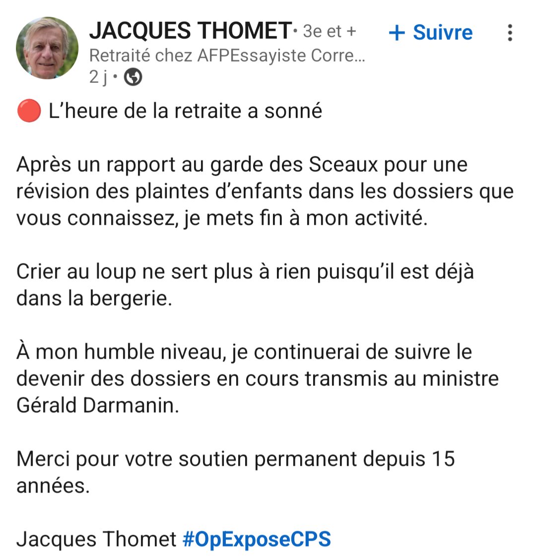 Claire_Gabriel_'s tweet photo. Pendant que les fous prennent le contrôle du navire en divisant les populations, l'excellent journaliste et véritable expert dans la lutte contre la #pédocriminalité @thomet_jacques, le quitte. C'est le seul qui a su tenir tête à  Éric Dupond Moretti dans l'affaire #Outreau. Il a consacré 15 ans de sa vie à la défense des enfants et on ne peut que le remercier pour ça. Je vais témoigner du respect à tout son travail à ma manière. 

Ce qui va suivre est un sacré coup de gueule, car il avait créé récemment sa chaîne YouTube que j'ai relayée plusieurs fois :
https://t.co/IJjewYP9Ar
Je constate avec écoeurement aujourd'hui que seulement 742 personnes sont allées suivre son compte. 

La seconde photo que je poste de #SophieAlric qui s'autoproclame experte dans la lutte contre la pédocriminalité n'est en aucun cas pour lui rendre hommage car elle n'arrivera jamais à la cheville d'un expert tel que Jacques. 
Cette escroc mythomane habituée des séjours en psychiatrie, quémandeuse d'argent et qui surfe sur la mort de la petite #Lyhanna, qu'elle se contente de citer en ramenant tout à ses délires personnels paranoïaques sans jamais vraiment lui rendre hommage, a réussi en très peu de temps sans aucune preuve de ce qu'elle dénonce, à se créer une communauté bien plus importante. 

J'avais déjà commencé à dénoncer les propos délirants de cette personne avide d'argent et du #putaclic, connectée à d'autres mythomanes dont une condamnée, dans cette publication :
https://t.co/pEMN76EvEo
Mais ce n'était qu'un hors-d'œuvre...

Je préfère revenir sur le travail sérieux de Jacques qui a toujours su parler d'affaires en tant que vrai expert dans cette lutte et qui n'a jamais été nombriliste.
On peut parler de son remarquable ouvrage "La Pédocratie à la française". 
Jacques a su retracer dans sa carrière des affaires essentielles :
- Outreau 
- Gabriel Matzneff 
- Frédéric Mitterrand et Jack Lang
- Daniel Cohn-Bendit
- L’ASE et les placements d’enfants en apportant notamment son soutien à de vraies victimes comme @unemensch 
Et forcément #Epstein. 

Je vais lui envoyer un message privé suite à cette publication pour le remercier infiniment pour tout ce qu'il a fait, tout en lui conseillant de surtout prendre soin de lui (il aura bientôt 80 ans) et de sa famille. 

Les réseaux sociaux sont devenus une montée en puissance de comptes haineux et d'opportunistes qui surfent sur cette noble cause pour réclamer de l'argent, d'un voyeurisme malsain, de profils avides de sensationnalisme et de dramas familiaux en tous genres exposés sur la place publique. 

Jacques n'a jamais pour sa part réclamé un centime.  Je lui souhaite juste de vivre une belle retraite loin de toute cette cohue infernale. 
De mon côté, j'ai encore quelques partages à faire, puis je prendrai également le large pour un temps, les réseaux sociaux tels que X étant devenus une véritable foire.