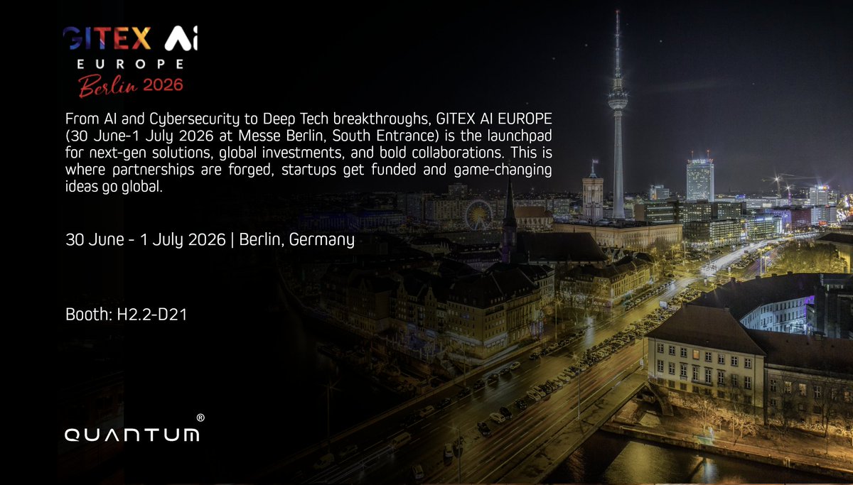 QuantumSecSys's tweet photo. @QuantumSecSys  will be exhibiting at @GITEXEUROPE  2026. From AI and Cybersecurity to Deep Tech breakthroughs, GITEX AI EUROPE (30 June-1 July 2026 at Messe Berlin, South Entrance) is the launchpad for next-gen solutions, global investments, and bold collaborations. This is where partnerships are forged, startups get funded and game-changing ideas go global. We are eager to showcase our range of cyber security products and our team will be there to connect, share ideas, and explore new opportunities. We look forward to meet you there.

Booth: H2.2-D21

Joine Event: https://t.co/E8hvEdxyxy

#𝐆𝐈𝐓𝐄𝐗𝐀𝐈𝐄𝐔𝐑𝐎𝐏𝐄 #BerlinTech #Technology #saudiexports #QuantumSecSys #GlobalSecurity #AI