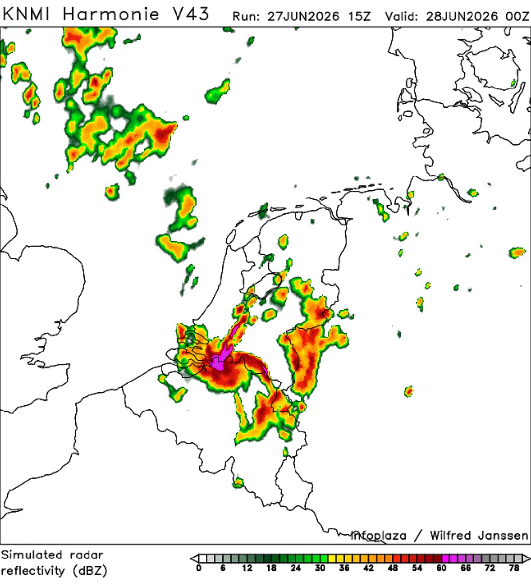 StormchaserNL's tweet photo. ⛈️ Update onweerskans: de komende uren verspreid een paar buien, maar het echte 'werk' bevindt zich boven Frankrijk. Weermodellen laten die buien als een onweerscomplex (MCS) over Nederland trekken tussen 01-04 uur vannacht. Zie de kaarten hieronder. Tot die tijd is het onzeker: https://t.co/xc7GCstXS0