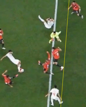 radioMicOne's tweet photo. @eTheurgy @RyanRozbiani Looking at the image, I did my best as a pretend VAR, added the line and made sure it was parallel to the end line and goal keepers box. You can see the Iranian player #4 is offside by the ball of his foot. https://t.co/x4YDo3jVNY