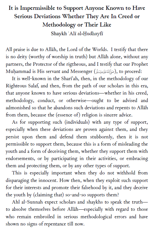 AbuIyaadSP's tweet photo. It is Impermissible to Support Anyone Known to Have
Serious Deviations Whether They Are In Creed or
Methodology or Their Like

By Shaykh ʿAlī al-Ḥudhayfī

Arabic version:
https://t.co/TvVhdZrkDU

English Translation:
https://t.co/wgv15higS0 https://t.co/yAYdwH0ZWm