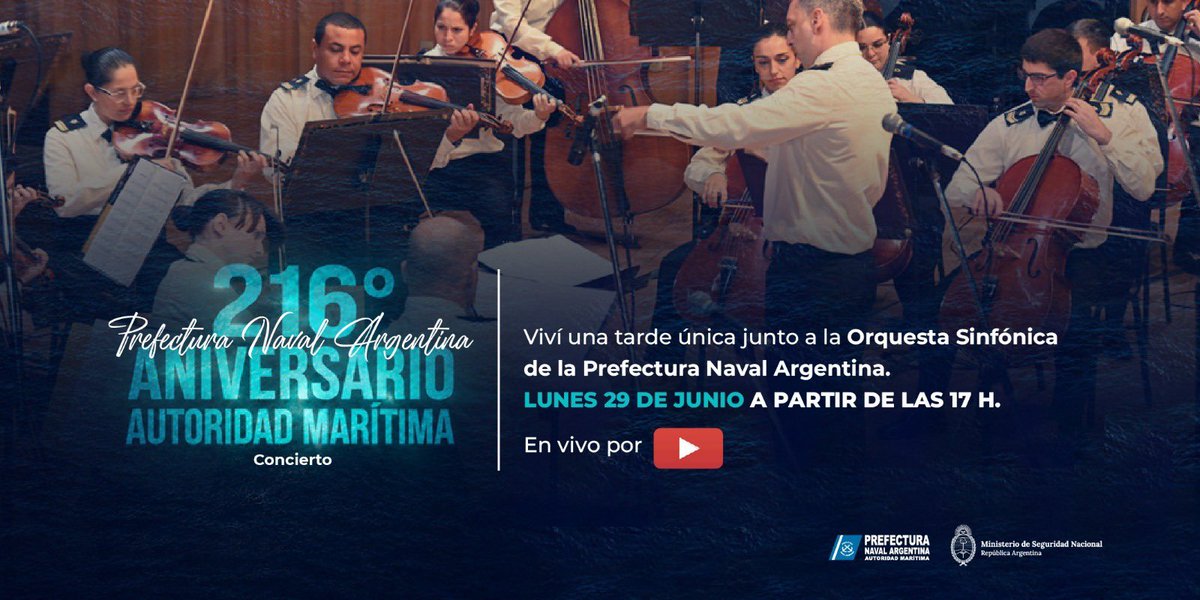 PrefecturaNaval's tweet photo. 📹Mirá en vivo el Concierto de nuestra Orquesta Sinfónica por el 216° Aniversario de la Prefectura.🎼⚓

*Link de la transmisión* ➡️https://t.co/Inqdd18Dqb https://t.co/wf51YdcrSw