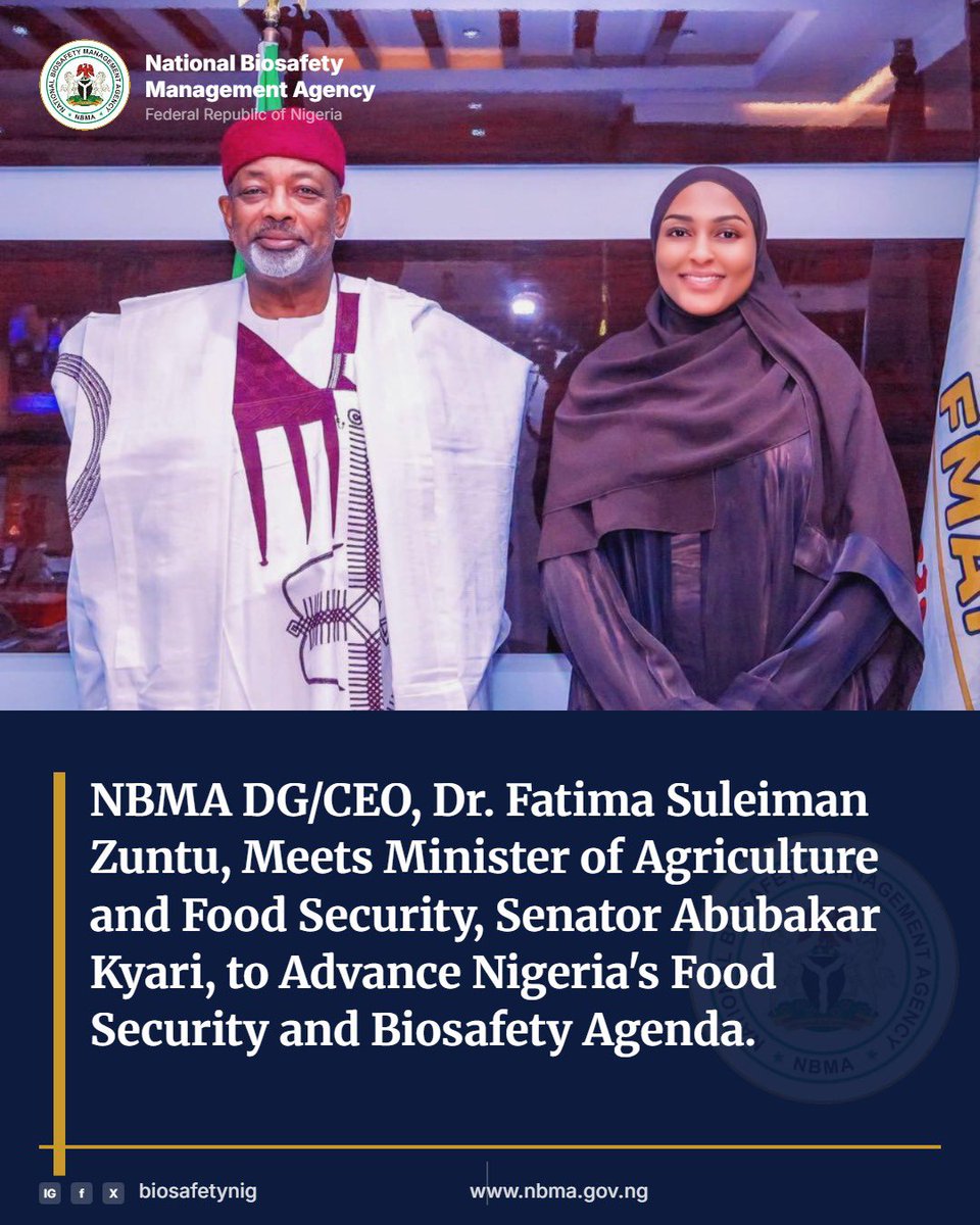 drfatima84's tweet photo. Yesterday, I had a productive meeting with the Honourable Minister of Agriculture and Food Security, Senator Abubakar Kyari, to discuss strengthening collaboration on agricultural biosafety in line with President Bola Ahmed Tinubu’s Renewed Hope Agenda, where food security remains a key national priority.

Achieving a food-secure Nigeria requires more than increasing agricultural production. It requires science-based innovation, effective regulation, and strong partnerships that protect our farmers, safeguard our environment, and build public confidence in our food systems.

At the National Biosafety Management Agency (NBMA), we remain committed to working closely with the Ministry and other stakeholders to ensure that biotechnology is applied safely and responsibly to drive agricultural transformation, strengthen food security, and deliver sustainable benefits for all Nigerians.