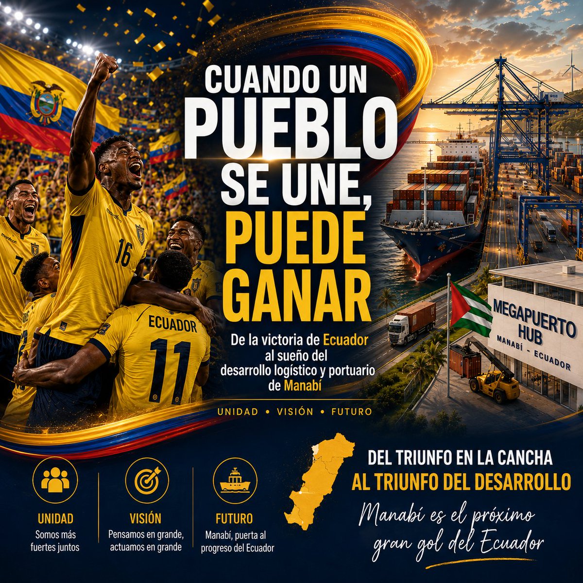 SomosManabi's tweet photo. Ayer Manabí vivió una doble alegría: su provincialización y la victoria de Ecuador ante Alemania. Esa unión y decisión es la misma fuerza que hoy necesitamos para impulsar el desarrollo logístico y portuario de nuestra provincia.

https://t.co/uScJjvbSxQ https://t.co/rbYfRvKEje